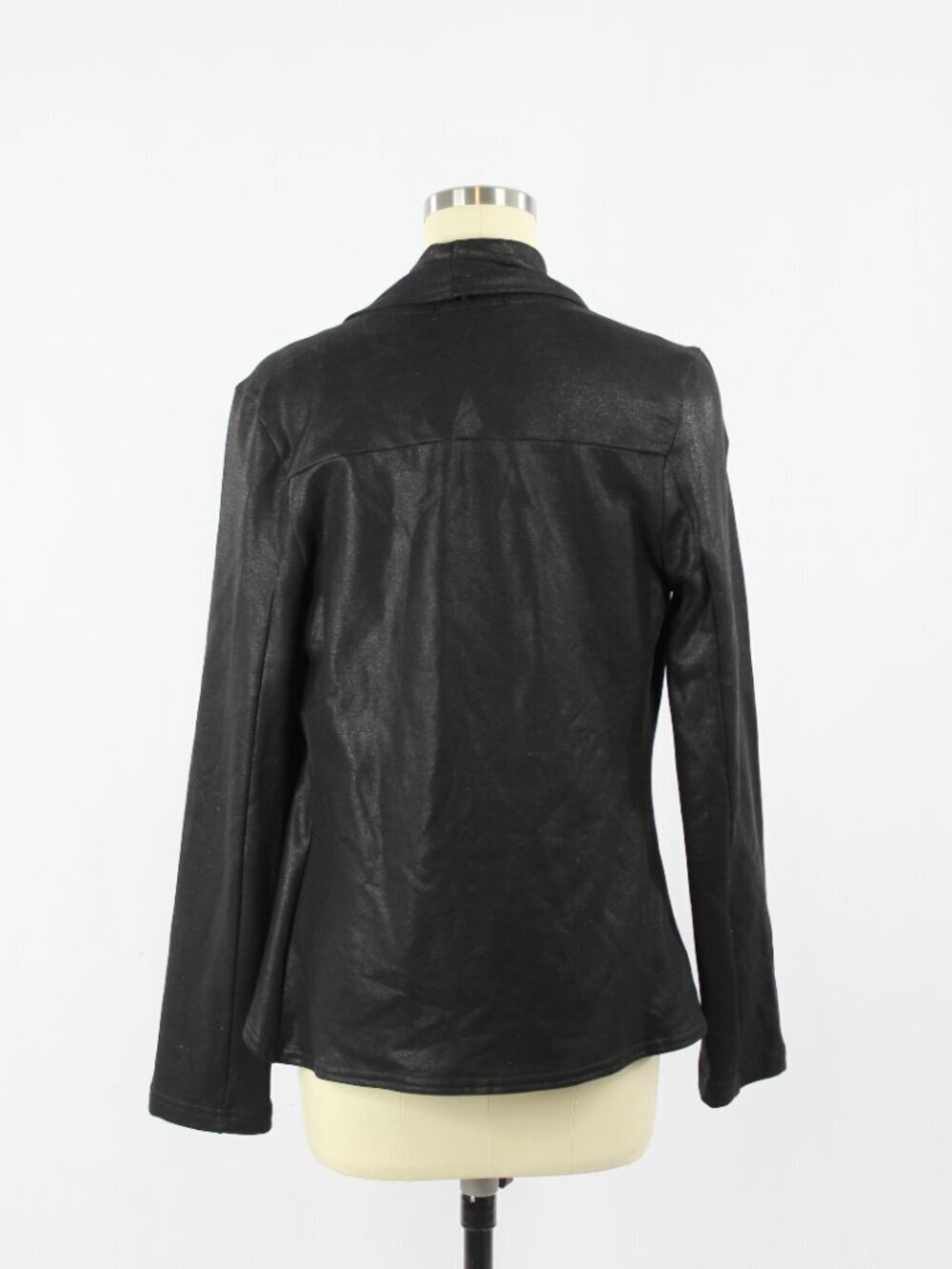 KRISA Black Coated Terry Faux Leather Open Drape Front Moto Jacket, Size S - Picture 6 of 16
